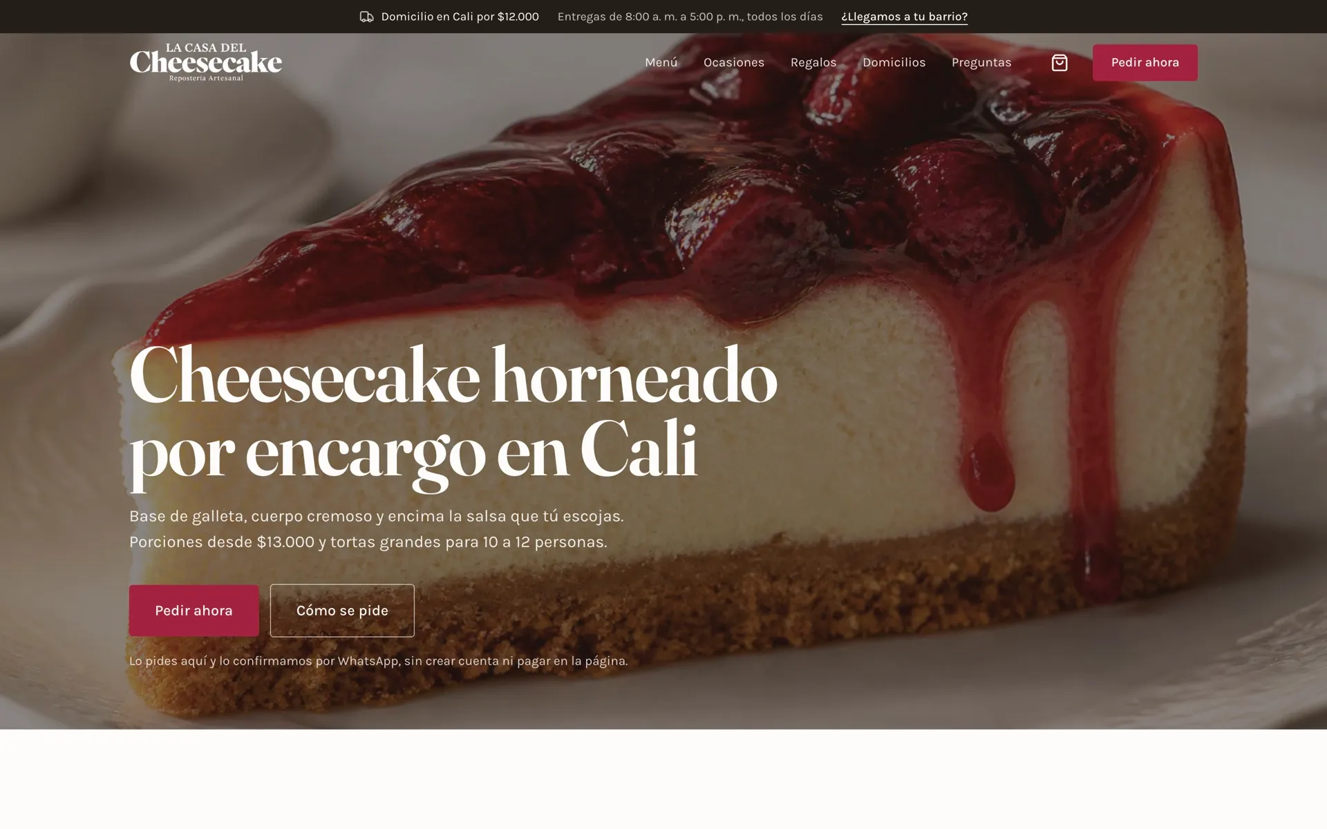 Captura del sitio de La Casa del Cheesecake, repostería de Cali